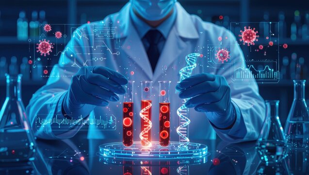 Scientist analyzing covid 19 virus samples and dna structures in a futuristic laboratory setting