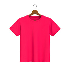 Bright pink short sleeve t shirt hanging on wooden clothes hanger isolated on transparent background