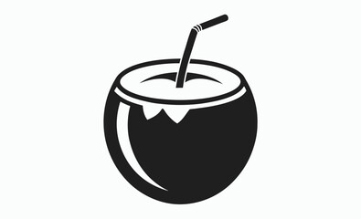 coconut drink icon, tropical fruit symbol, beach cocktail vector, summer refreshment graphic, black white illustration