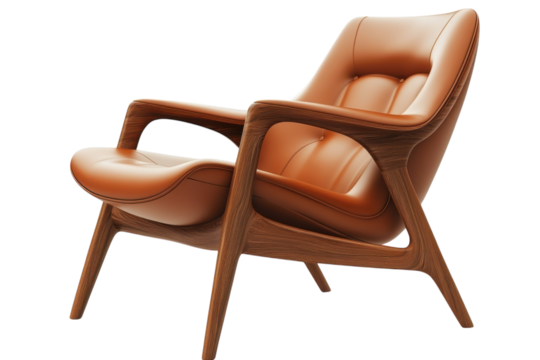 Elegant Leather Lounge Chair Mid Century Modern Design Wooden Frame Luxury Seating Interior D on transparent background