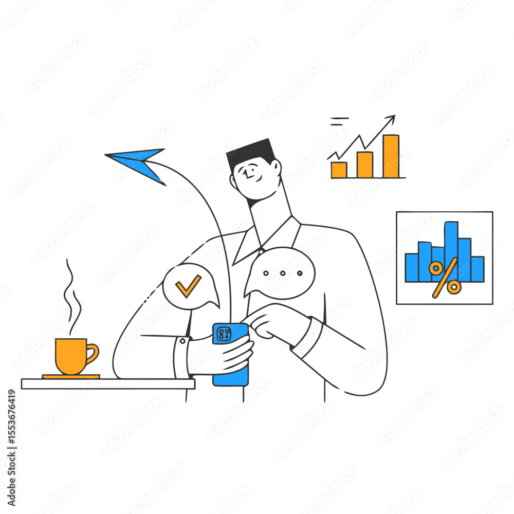 Poster man using phone business chart growth communication success message email marketing strategy data an