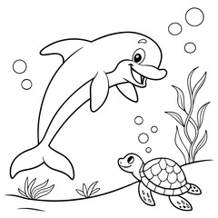 Dolphin and Turtle a happy dolphin swimming next to a small sea turtle, both with friendly faces