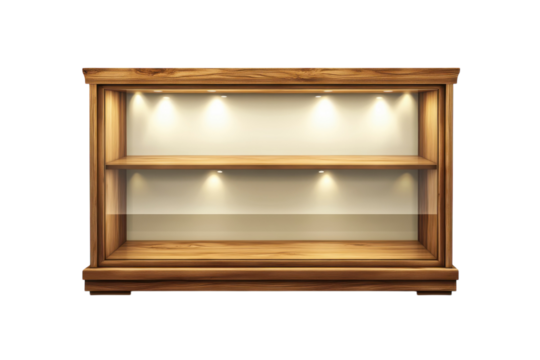 Illuminated Wooden Display Case Empty Shelves Elegant Wood Grain Realistic Lighting Art on transparent background