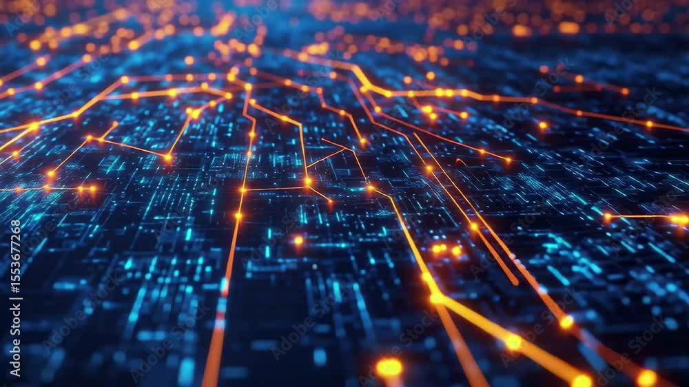 Poster glowing neon lines intersecting to represent data transfer and digital connections in cyberspace, in