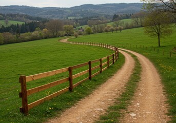 A winding dirt road meanders through lush green pastures bordered by a wooden fence towards rolling hills