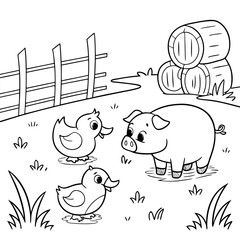  Duckling, Piglet, and Calf a baby duckling, a cute piglet, and a small cow playing in a farmyard