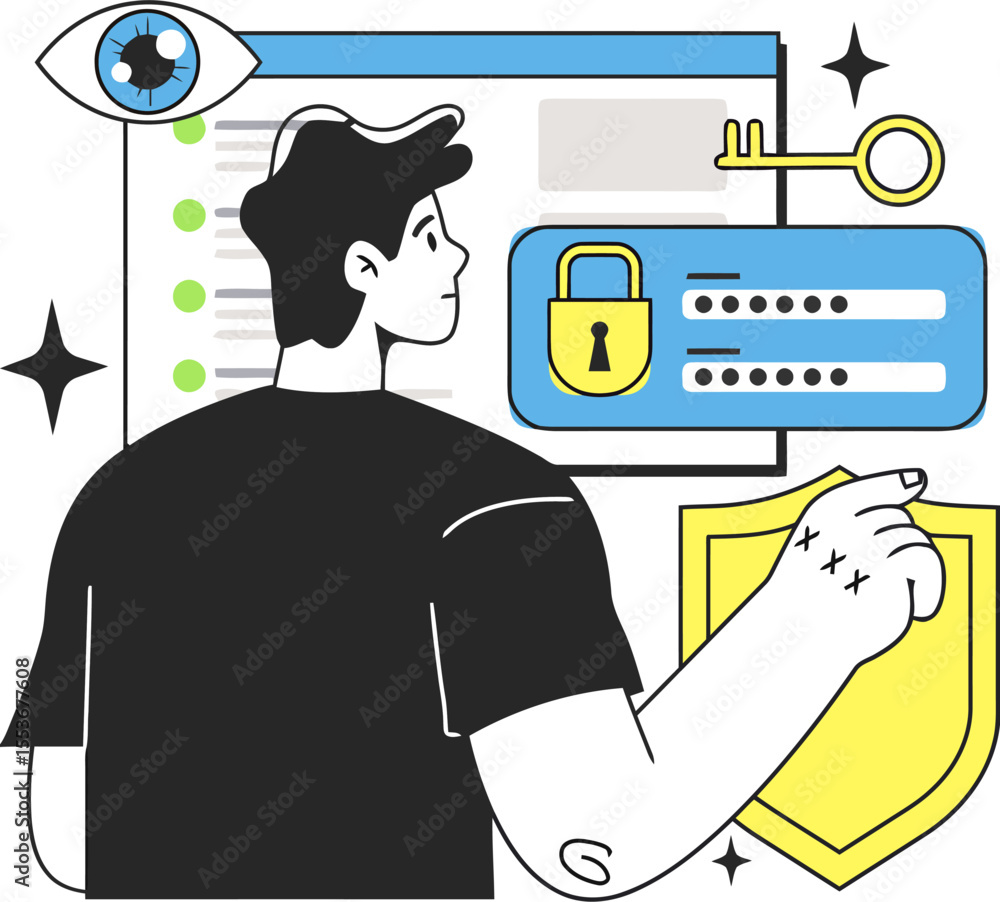 Poster security privacy data protection safety information access password lock key shield man eye web vect