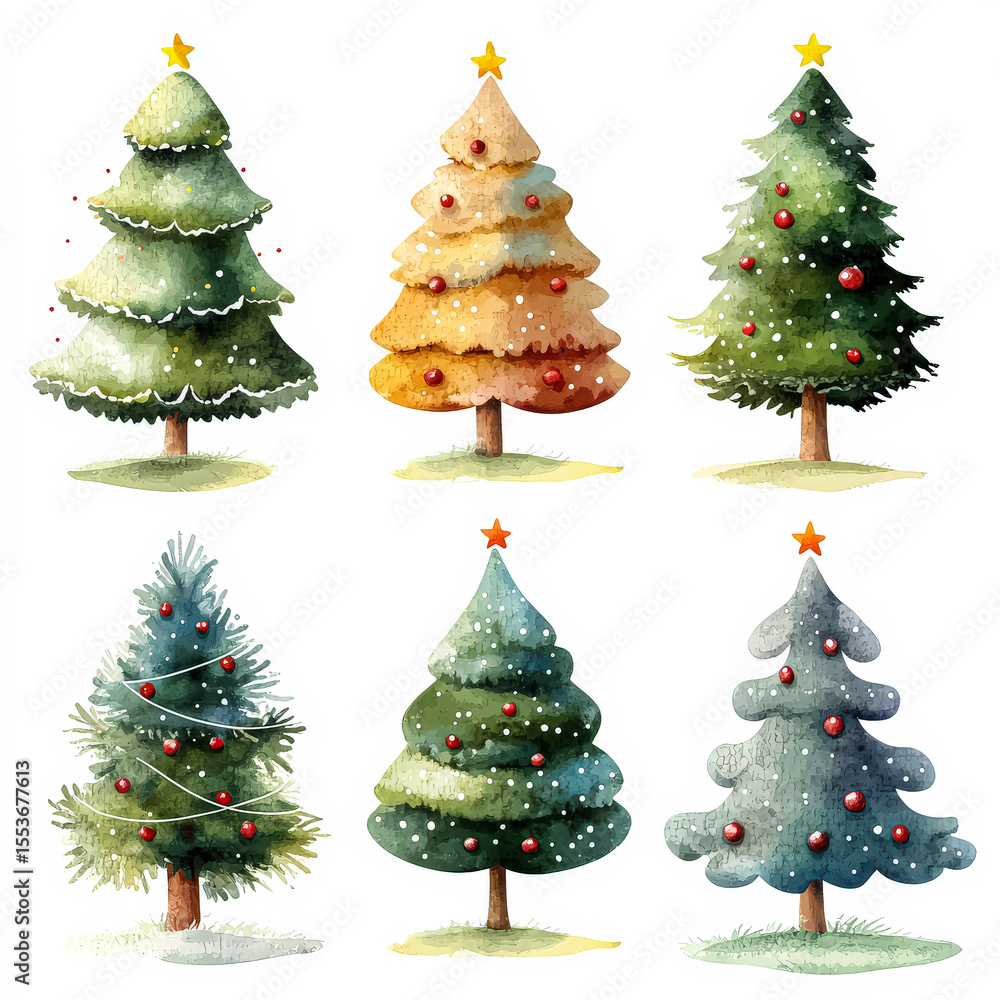 Aufkleber set of six christmas trees with red and gold ornaments. the trees are all different sizes and are pl