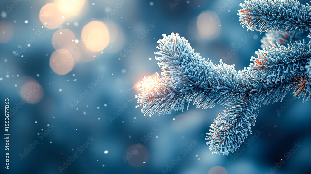 Poster branch of a tree covered in snow. the snow is falling and the branch is covered in ice