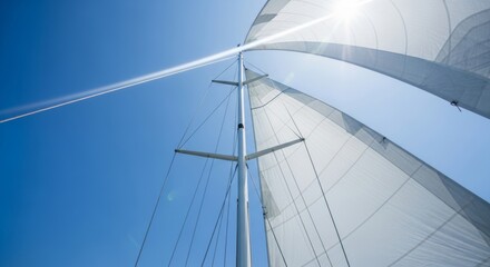 Looking up at a soaring sailboat mast and white sail, bathed in brilliant sunlight. A clear, blue sky suggests fair weather and open sea exploration.