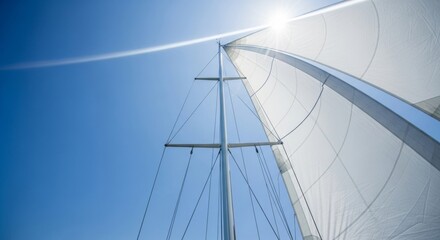 Low-angle view of a sailboat mast and sail against a bright blue sky, with sun flare. Evokes feelings of freedom, adventure, and summer sailing.