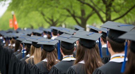 A sea of graduating students, seen from behind in caps and gowns, ready to embark on their next chapter. Symbolizes achievement, future, and new beginnings.