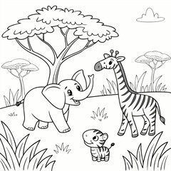 Elephant, Giraffe, and Zebra a baby elephant, a small giraffe, and a zebra standing side by side smiling, in a savannah setting