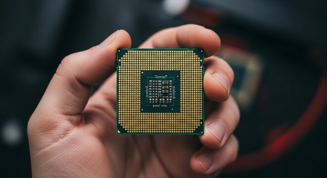 A human hand delicately holds a computer processor, highlighting the intricate details of microchip technology and the essence of digital infrastructure.