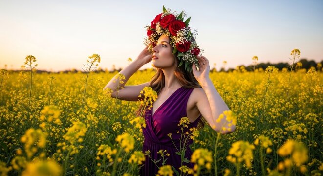 Captivating shot of a woman in a purple dress and flower crown, bathed in the warm light of dusk, surrounded by an endless sea of yellow flowers.