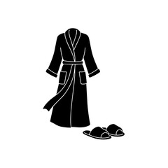 Bathrobe with loose belt and slippers black icon for spa wellness design