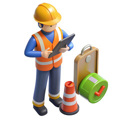 Construction worker with tablet and safety equipment isolated on transparent background