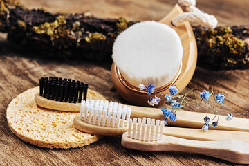three wooden toothbrushes with natural bristles, a face brush and a sponge on a background of tree bark, concept: simple shapes, natural colors, harmony with nature