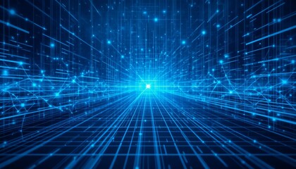 Obraz premium Digital Data Universe: a mesmerizing network of interconnected lines and luminous nodes, all set against a captivating and cool azure backdrop, evoking a sense of technological wonder.