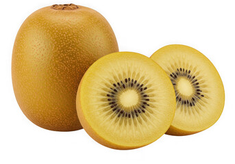 A whole and sliced gold kiwi fruit isolated on transparent background