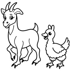 Goat, Rooster, and Duck a baby goat, a proud rooster, and a waddling duck walking in a barnyard