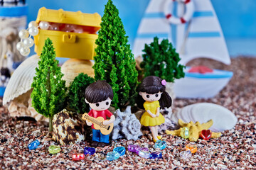 gentle romantic doll composition with a girl and a boy playing her guitar at a seaside resort, the concept of the charm of youth and the beginning of a relationship