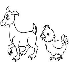 Goat, Rooster, and Duck a baby goat, a proud rooster, and a waddling duck walking in a barnyard