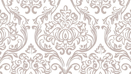 Elegant Damask Seamless Pattern:  Subtle Beige Floral Design on White Background, Vintage Style, Luxurious Texture.