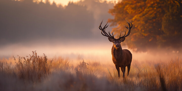 a majestic brown deer with impressive antlers standing in the misty,