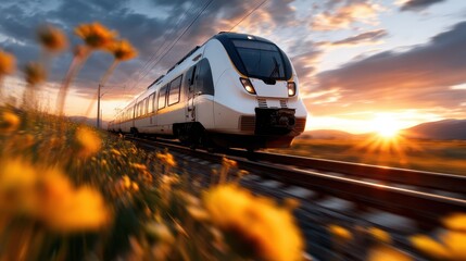 A sleek high-speed train glides through a field of blooming flowers, bathed in the warm glow of a sunset, symbolizing progress and the journey towards tomorrow.