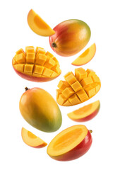 Fresh ripe mangoes and slices falling and floating isolated on transparent background