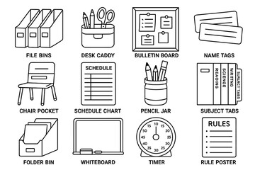 Classroom organization and teaching supply icons
