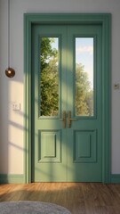 Beautiful Green French Doors with Glass Panes Opening to a Lush Garden View in a Sunny Home
