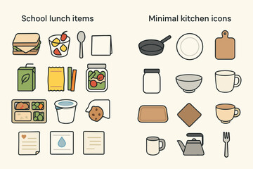 Colorful icons of school lunch and kitchen items
