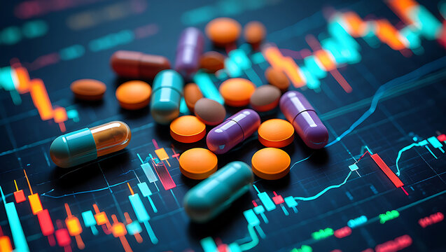 Pharmaceutical Stock Market: Colorful Capsules on Dynamic Trading Chart, Representing Investment in Healthcare and Medicine.