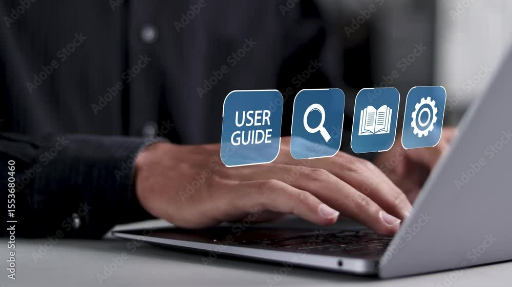 Poster user manual guide concept, online instruction manual and strategy advice. businessman using laptop w