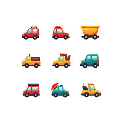 Naklejka premium Cartoon transport sticker set featuring a variety of vehicles including cars, trucks, and a minecart, all designed in a colorful and playful style on a black background