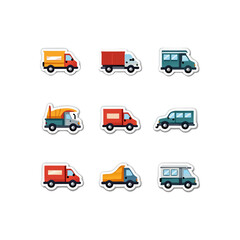 Collection of colorful cartoon delivery trucks and vans in various shapes and designs on a white background for transportation themed projects