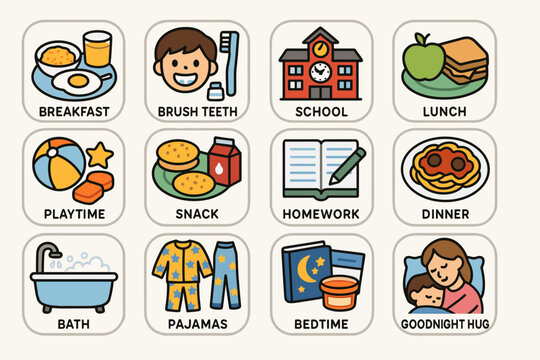 Daily routine for children illustrated with activities and meals icons