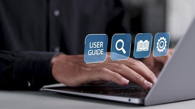 User manual guide concept, Online instruction manual and strategy advice. Businessman using laptop with user guide icon for business service. 