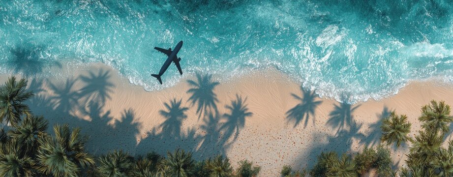 Aerial view of a tropical beach with a plane