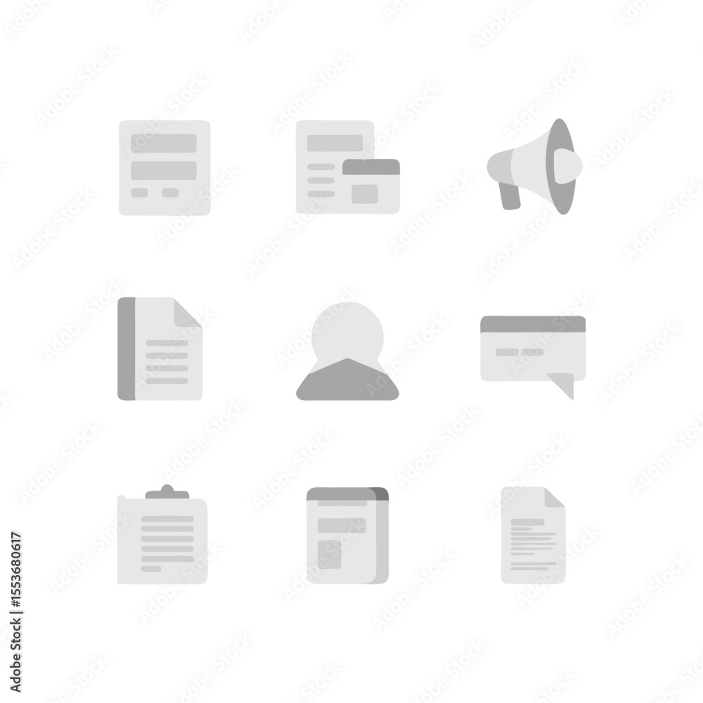 Poster collection of simple gray icons representing business documents communication and user profile for w