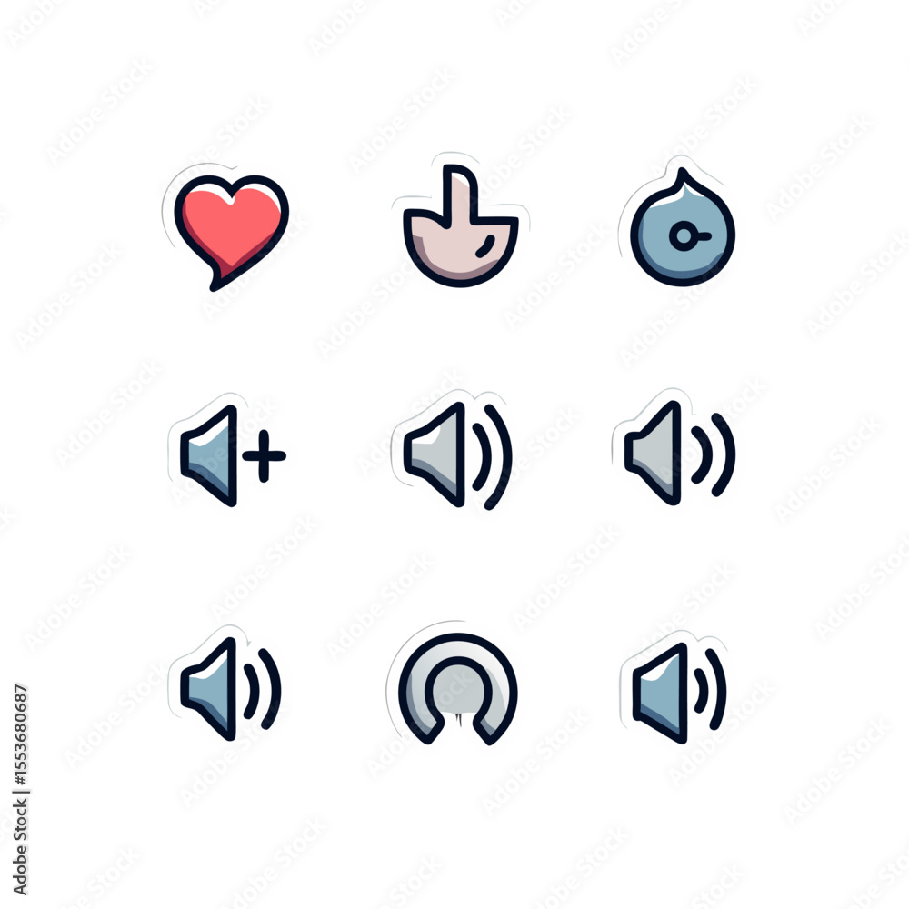 Poster collection of user interface icons featuring sound, volume, and heart elements in a modern vector st