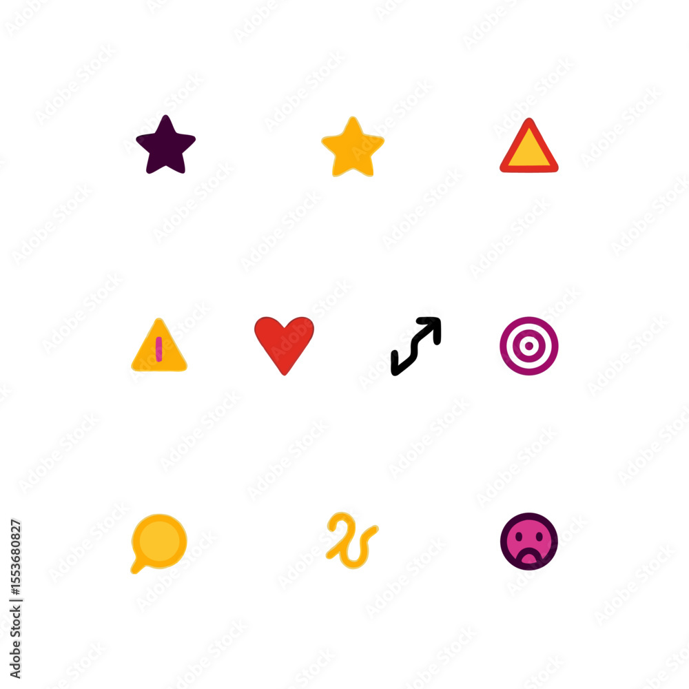 Poster colorful icon set featuring star, triangle, heart, arrow, target and sad face shapes for web design 