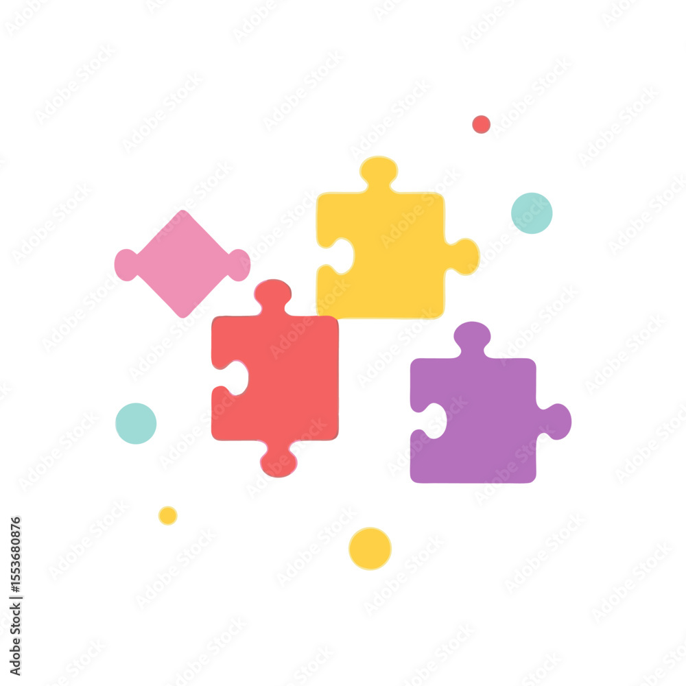 Poster colorful puzzle pieces floating with geometric shapes against a white backdrop creating a playful an