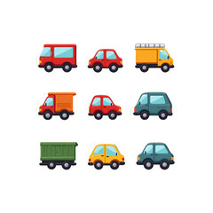 Colorful cartoon vehicle sticker set including cars, vans, and trucks in various colors and designs, isolated on a white background