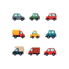 Naklejka premium Colorful cartoon vehicles collection including cars and trucks in various styles and colors for children's illustrations