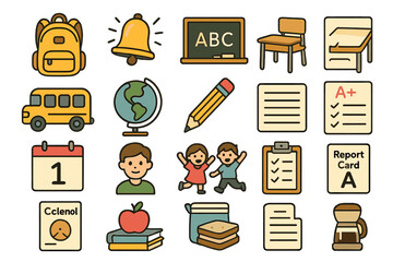 Colorful collection of school icons for education and learning enthusiasts