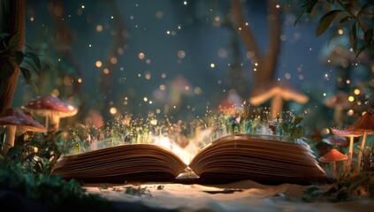 Open book in a magical forest at night