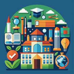 Naklejka premium School Icons Set – Flat Design in Green, Orange, and Blue